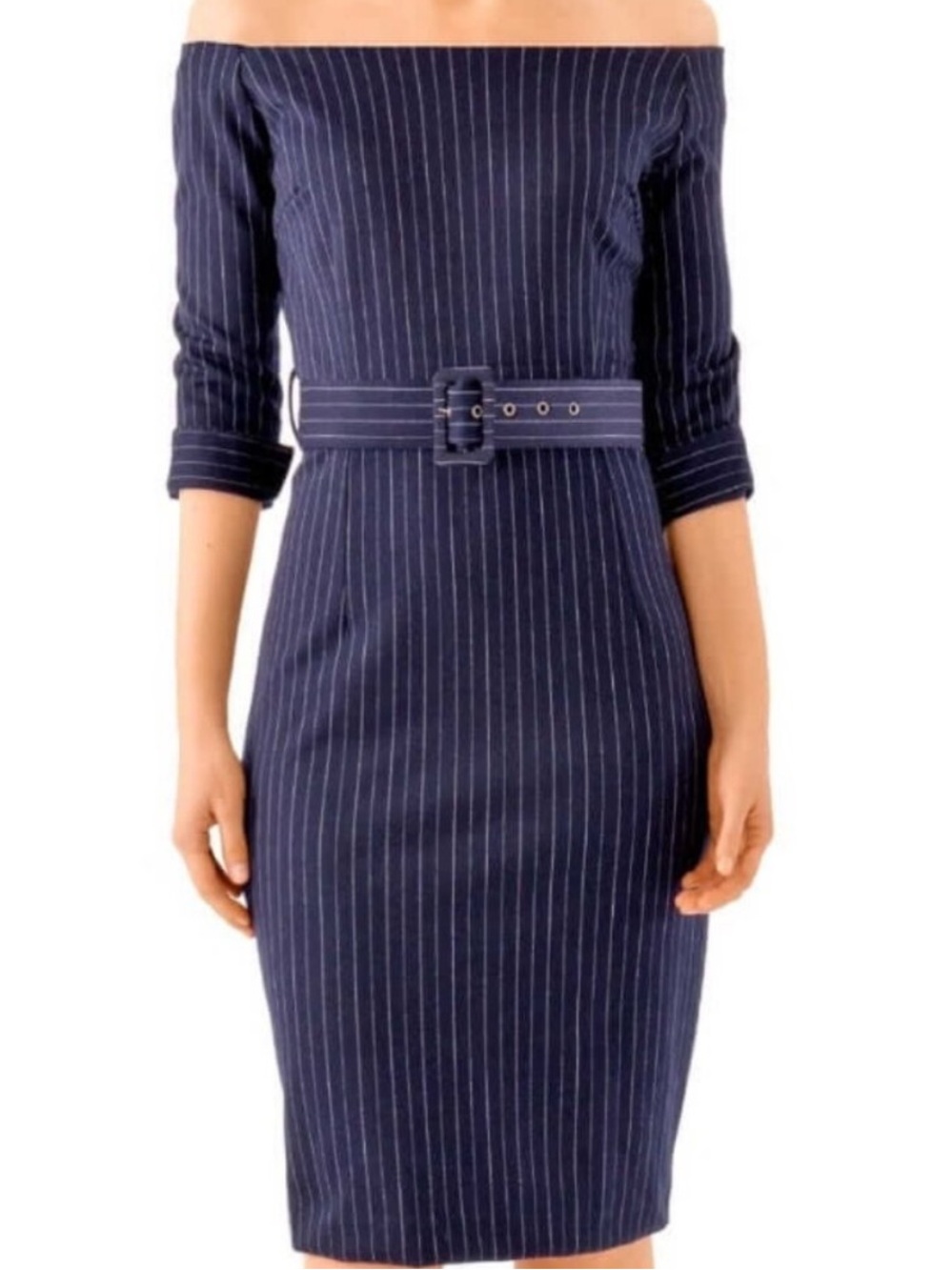 Gretchen Scott Designs Pinstripe Off-Shoulder Belted Sheath Dress